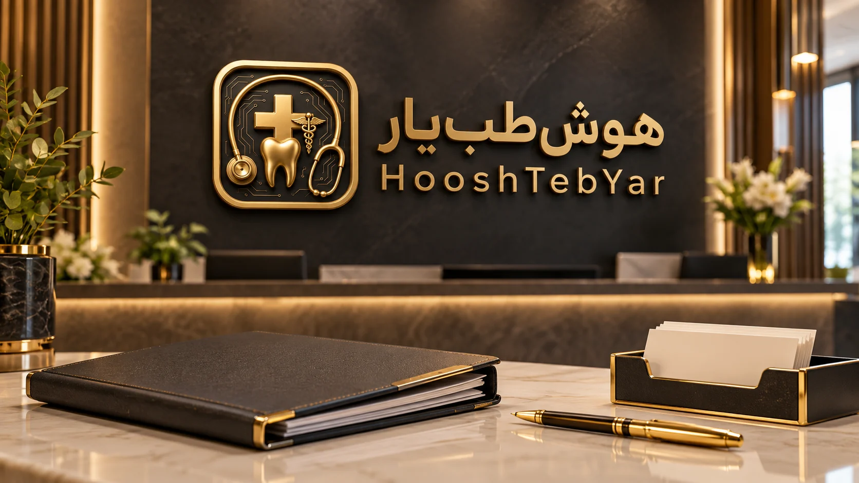 فضای پذیرش منظم کلینیک با لوگو و برند هوش‌طب‌یار